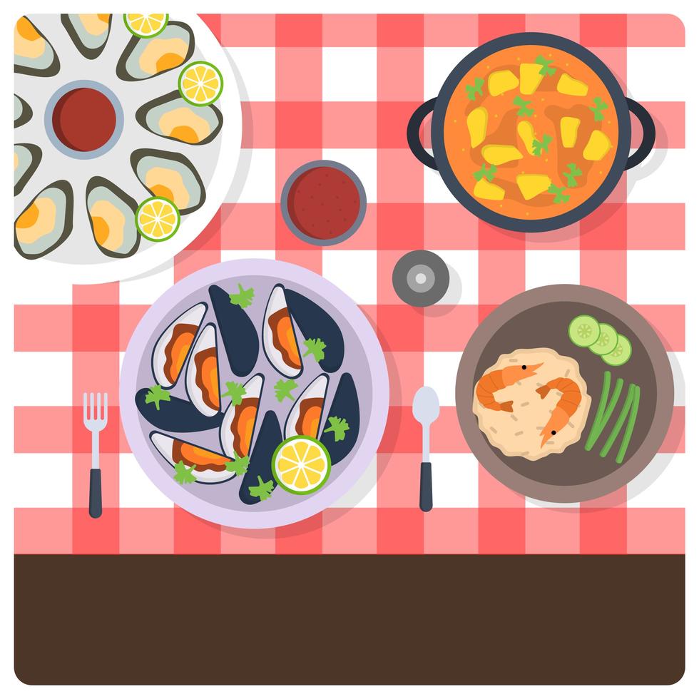 Flat Top View Scallops And Seafood Cuisine Vector Illustration