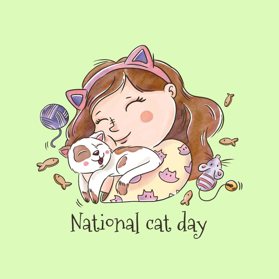 Vector Cute Girl Smiling Hugging A Cat For National Cat Day